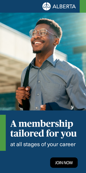 A smiling man with glasses and a backpack walks outside beside text promoting Alberta membership tailored to career stages, with a "Join Now" button at the bottom.