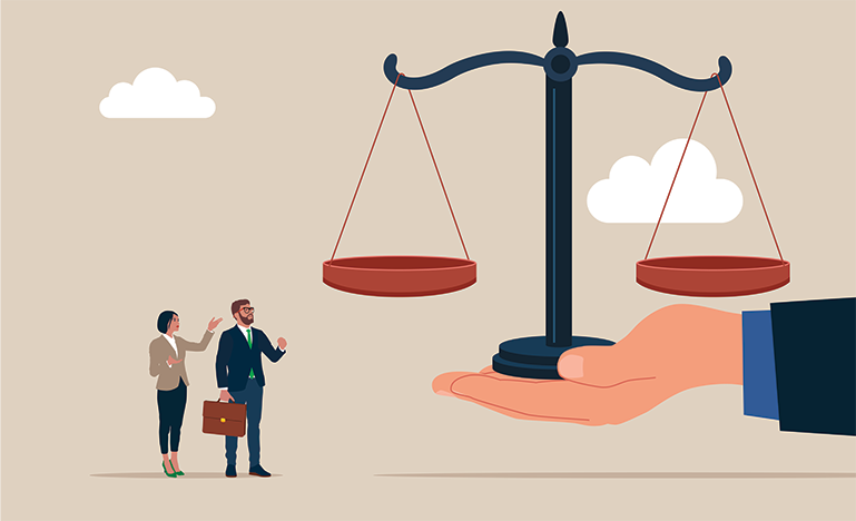 Illustration of a large hand holding a scale of justice, with two lawyers standing next to it against a neutral background with clouds.