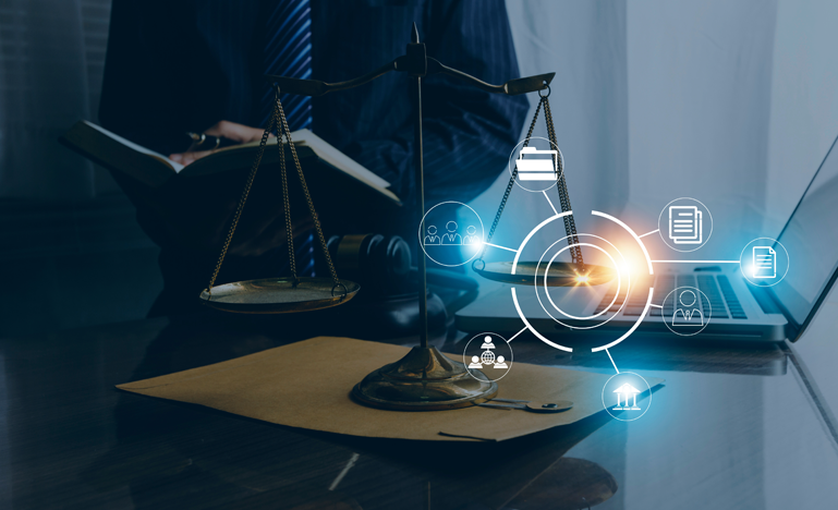 A set of balance scales on a desk with legal documents, overlaid with glowing digital icons representing technology and data, symbolizing the intersection of law and modern communication.